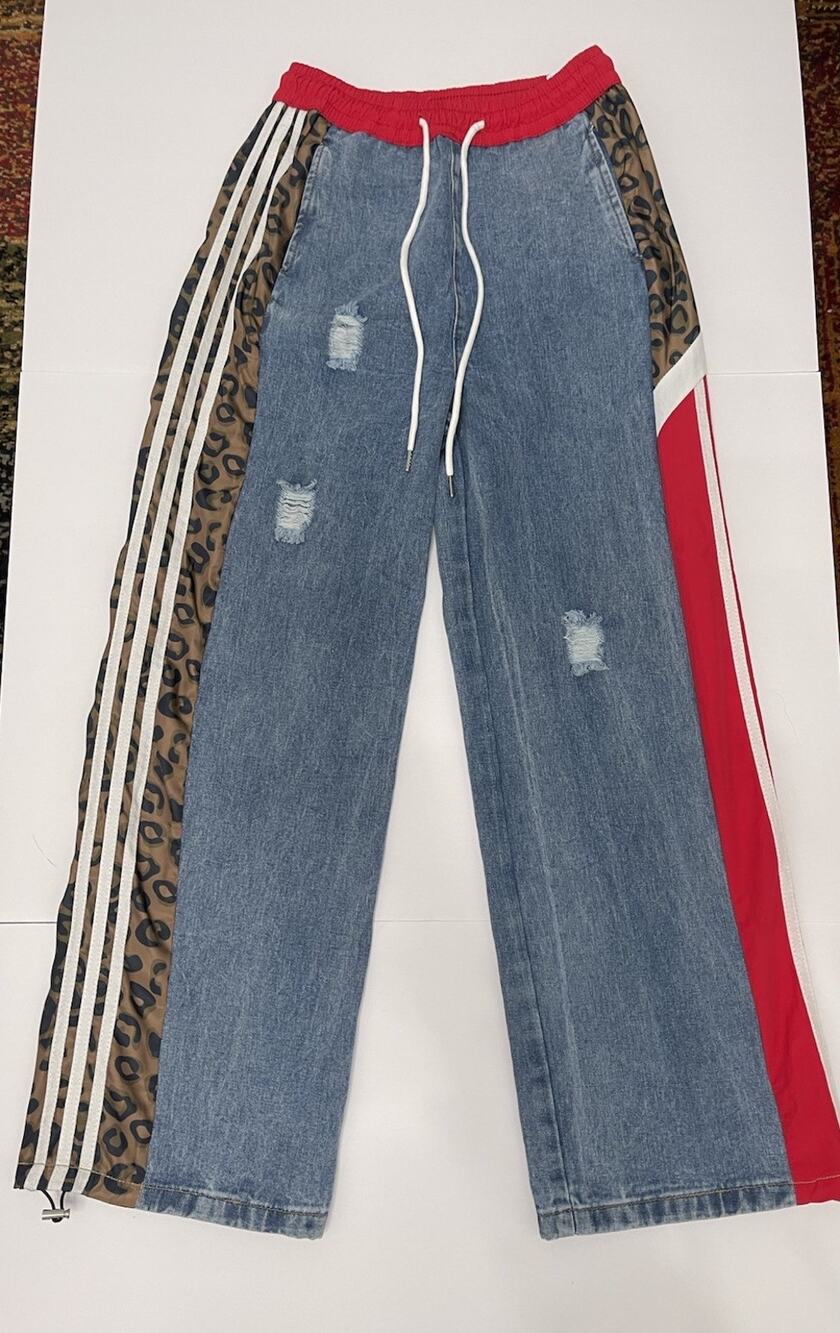 Y2k ITOO Italy Gorpcore Denim & Red Nylon Jogger Pants Size S Streetwear Cotton